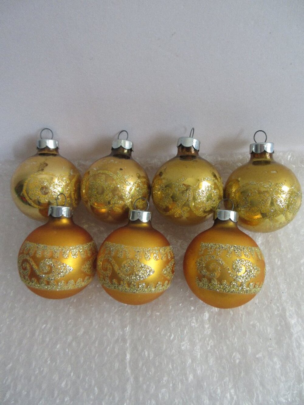 Gold Glitter Stencil Scroll Glass Ball Christmas Ornaments Vintage Set of 7